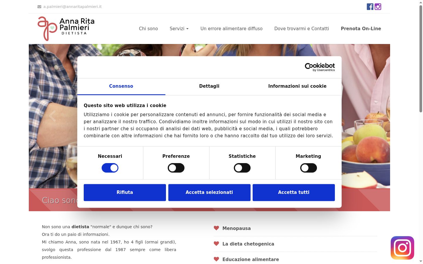 Screenshot del banner di consenso mostrato prima di qualsiasi interazione