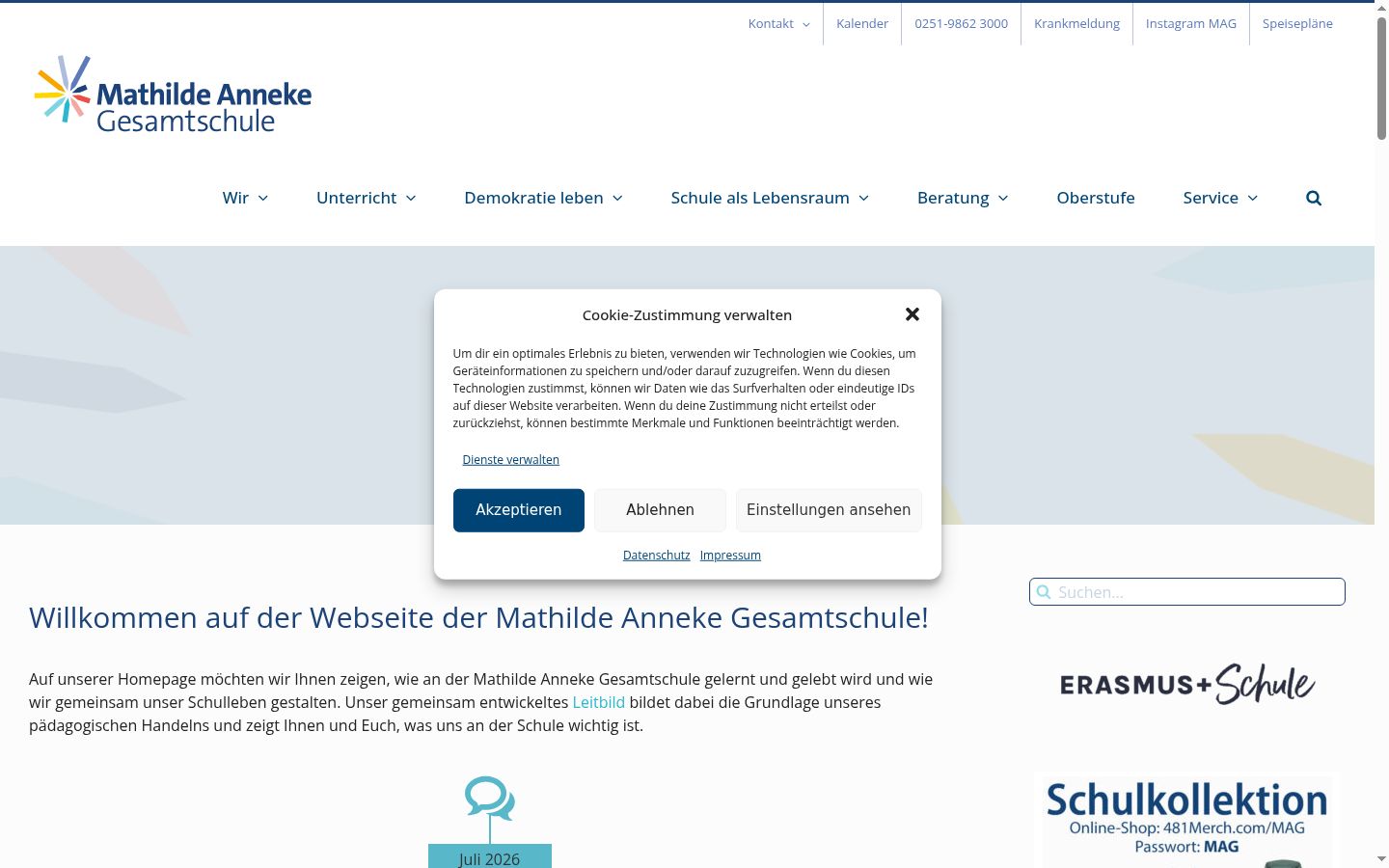 Screenshot des Einwilligungsbanners vor jeglicher Interaktion