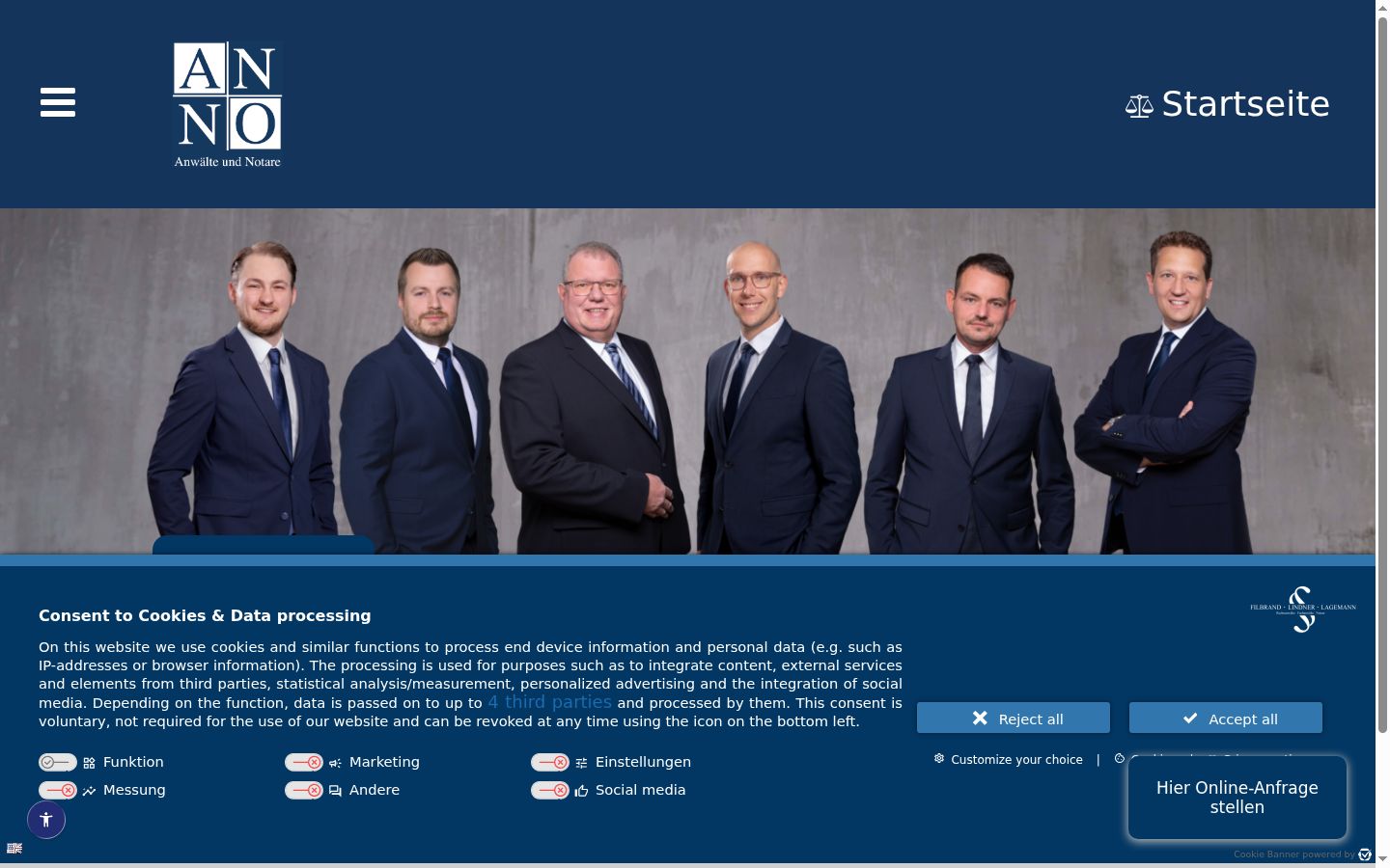 Screenshot des Einwilligungsbanners vor jeglicher Interaktion
