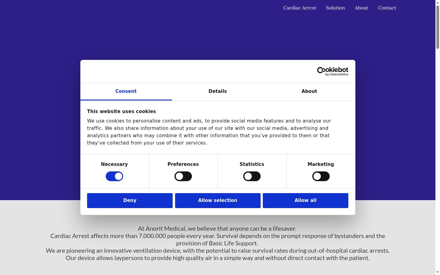 Screenshot del banner di consenso mostrato prima di qualsiasi interazione