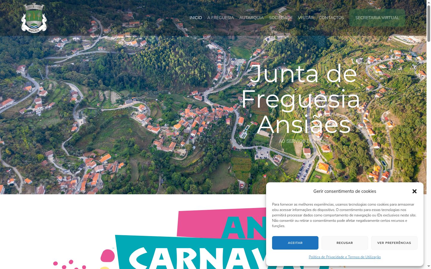 Captura de ecrã do banner de consentimento apresentado antes de qualquer interação