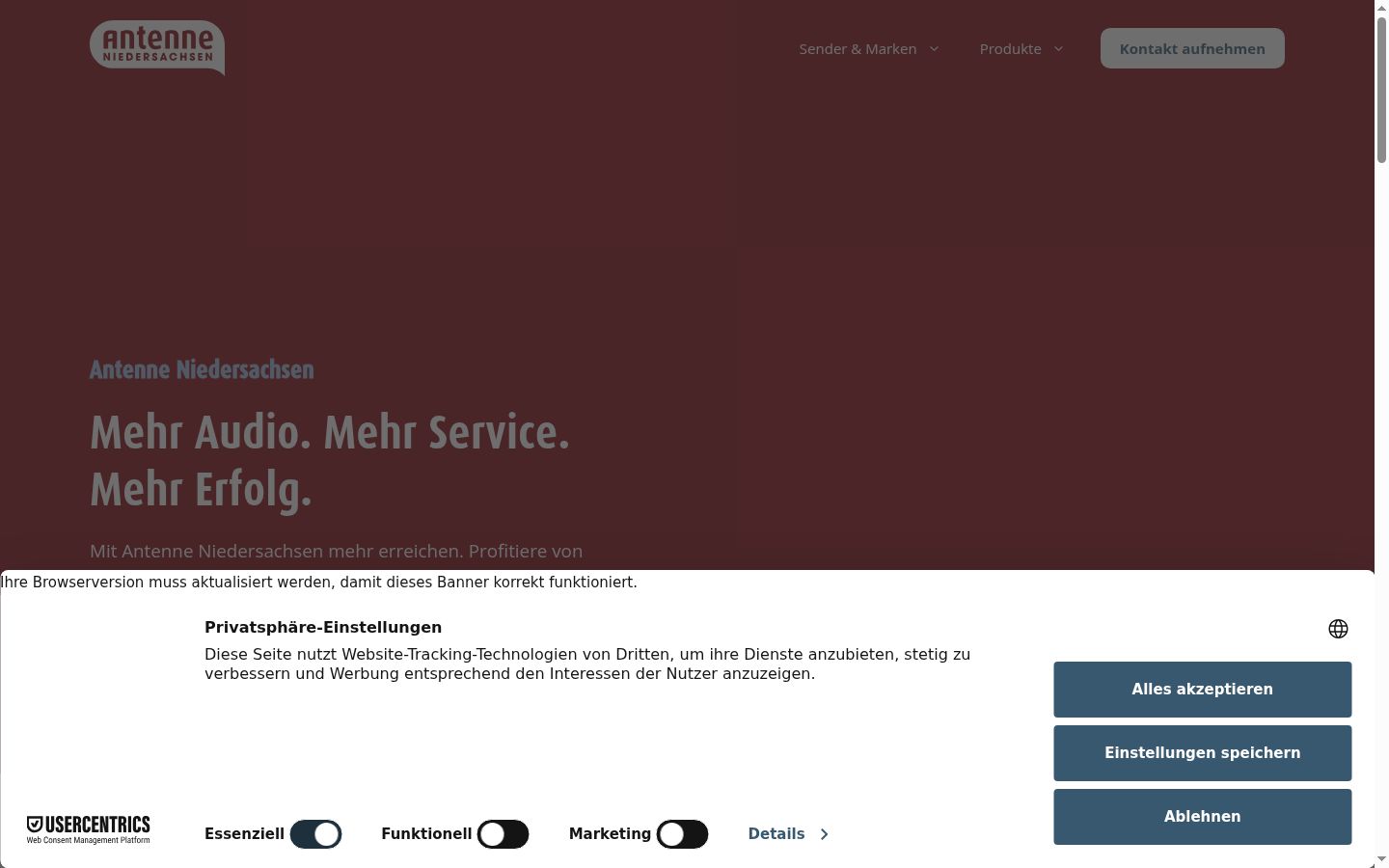 Screenshot des Einwilligungsbanners vor jeglicher Interaktion