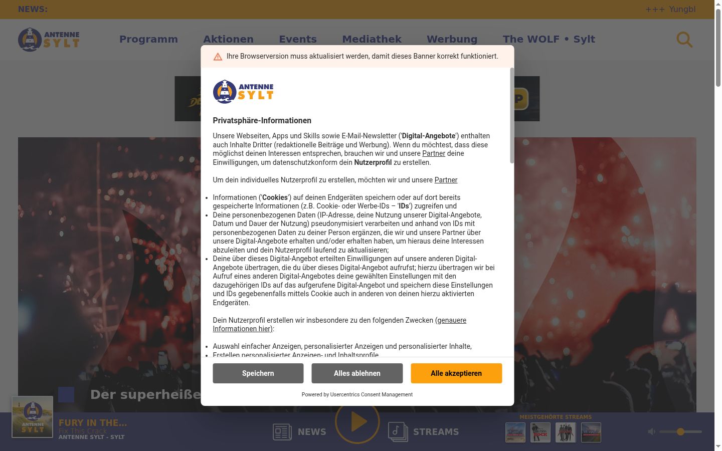 Screenshot des Einwilligungsbanners vor jeglicher Interaktion
