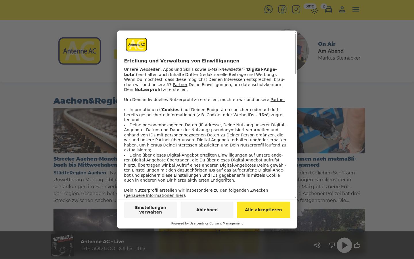 Screenshot del banner di consenso mostrato prima di qualsiasi interazione
