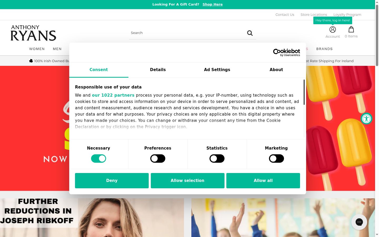 Captura de ecrã do banner de consentimento apresentado antes de qualquer interação