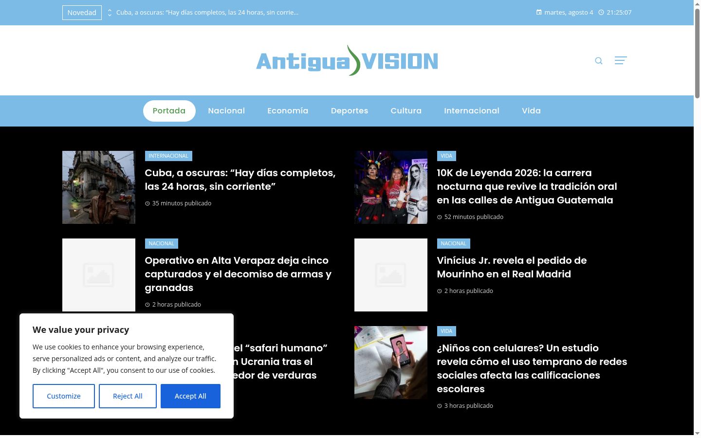 Captura de ecrã do banner de consentimento apresentado antes de qualquer interação