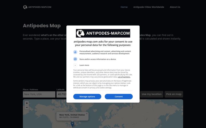 Screenshot of antipodes-map.com