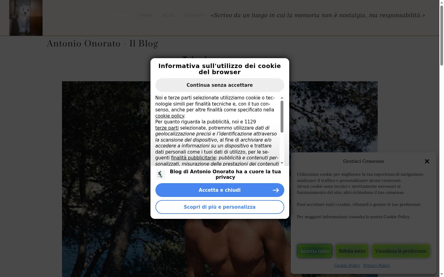 Screenshot del banner di consenso mostrato prima di qualsiasi interazione