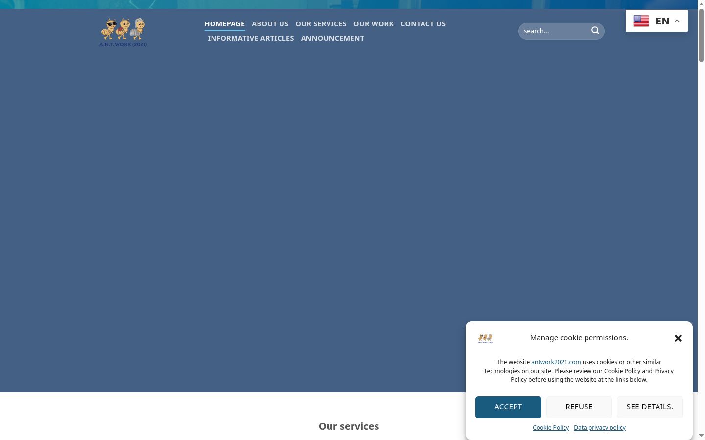 Captura de ecrã do banner de consentimento apresentado antes de qualquer interação