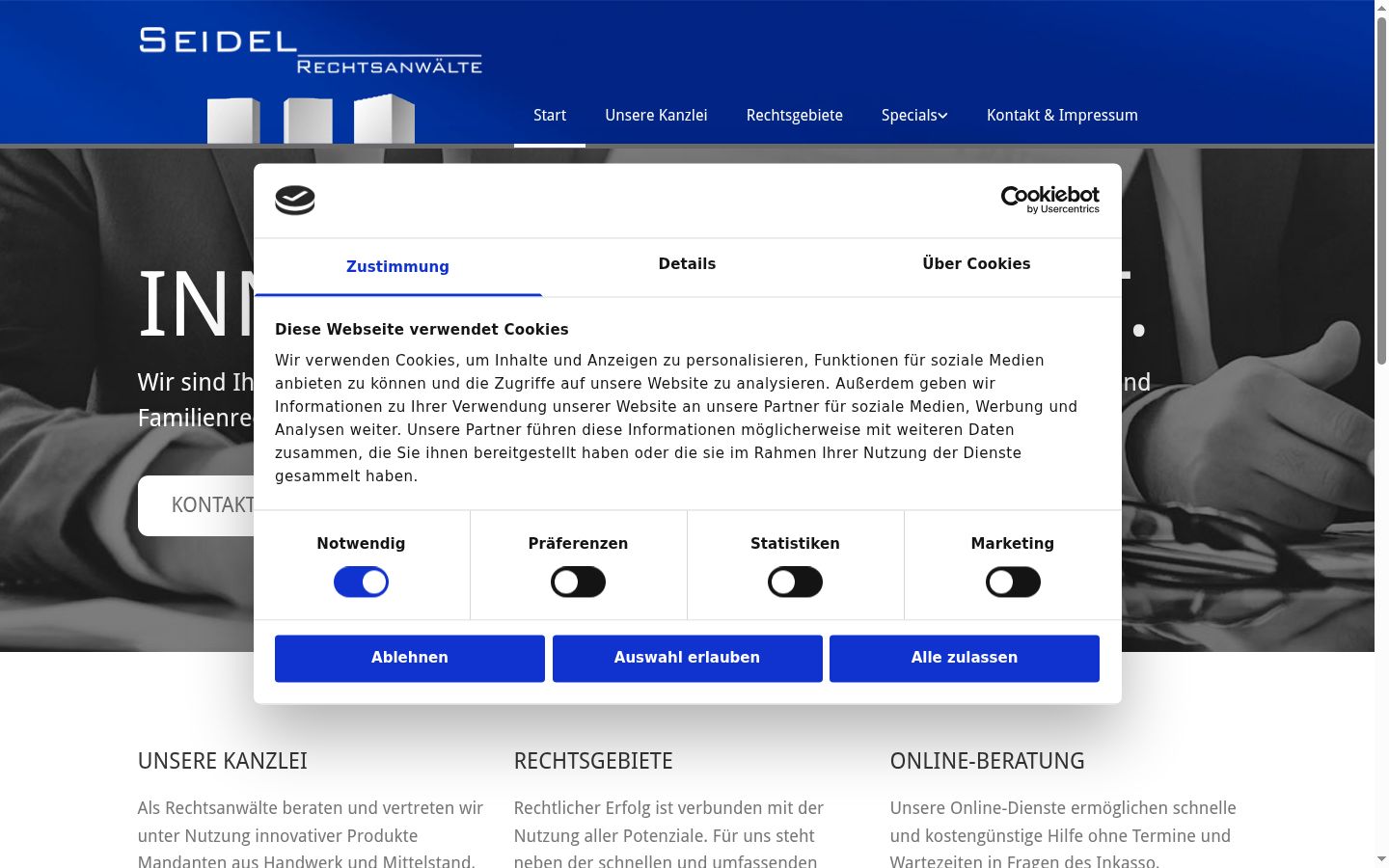 Screenshot del banner di consenso mostrato prima di qualsiasi interazione