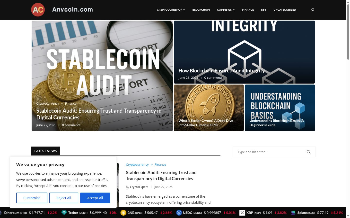 Captura de ecrã do banner de consentimento apresentado antes de qualquer interação