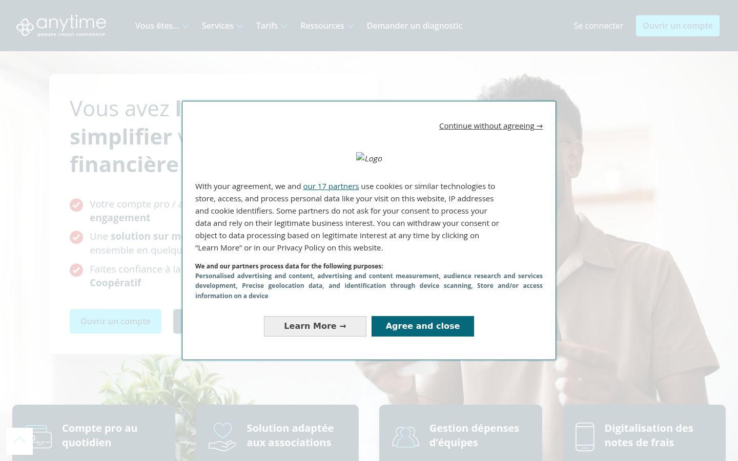 Screenshot del banner di consenso mostrato prima di qualsiasi interazione