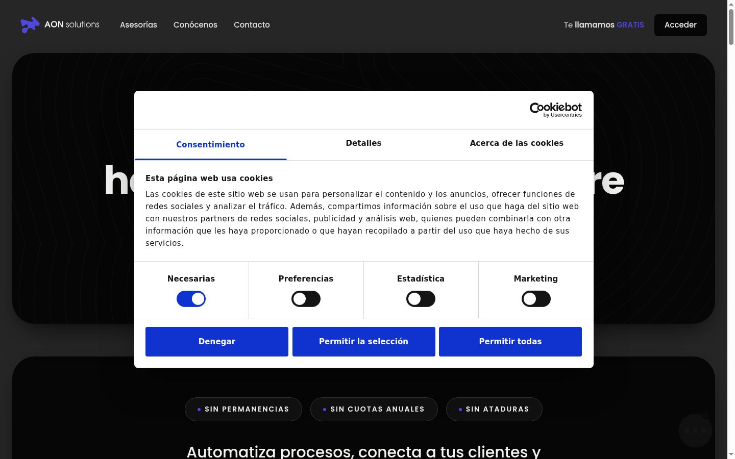 Screenshot del banner di consenso mostrato prima di qualsiasi interazione