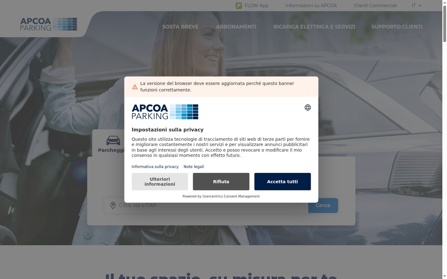 Screenshot del banner di consenso mostrato prima di qualsiasi interazione