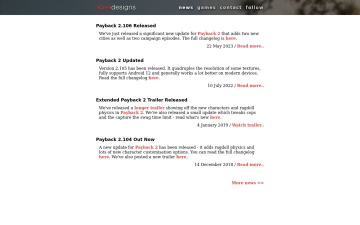 Snímek obrazovky apex-designs.net