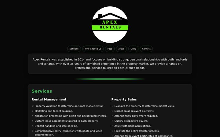 Screenshot of apexrentals.co.za