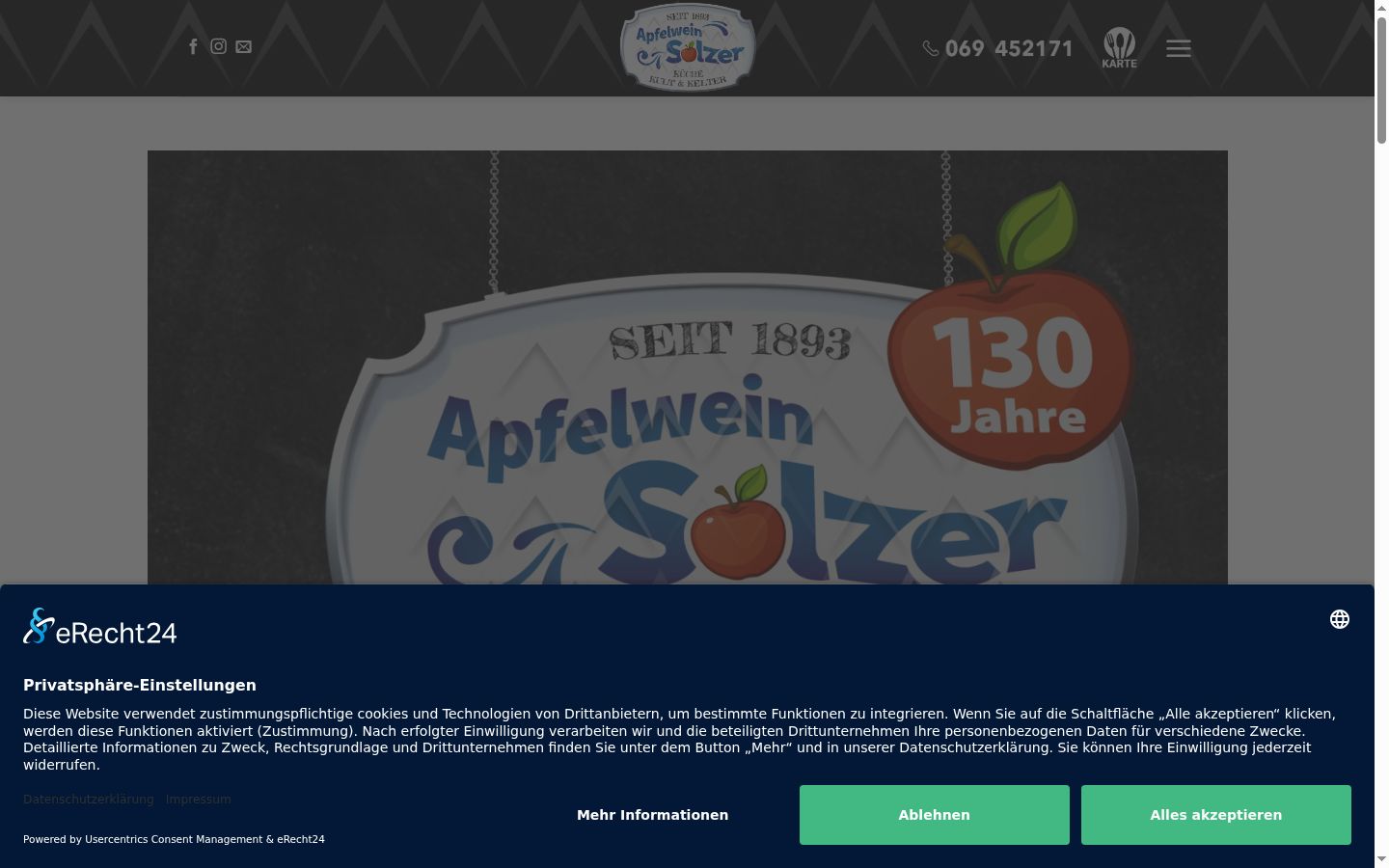 Screenshot des Einwilligungsbanners vor jeglicher Interaktion