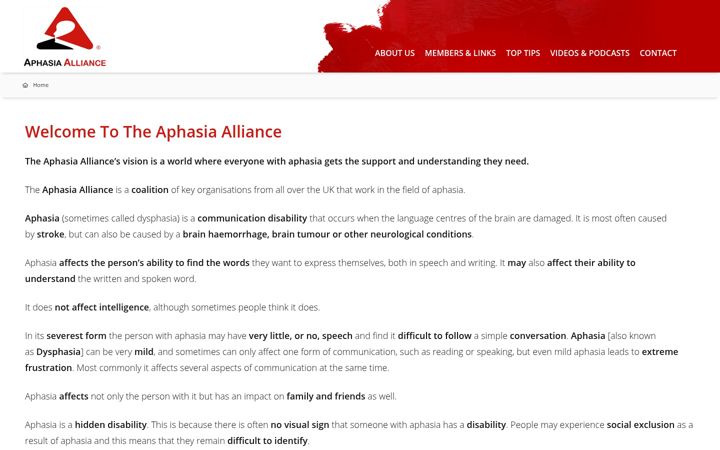 Ekrano kopija aphasiaalliance.org