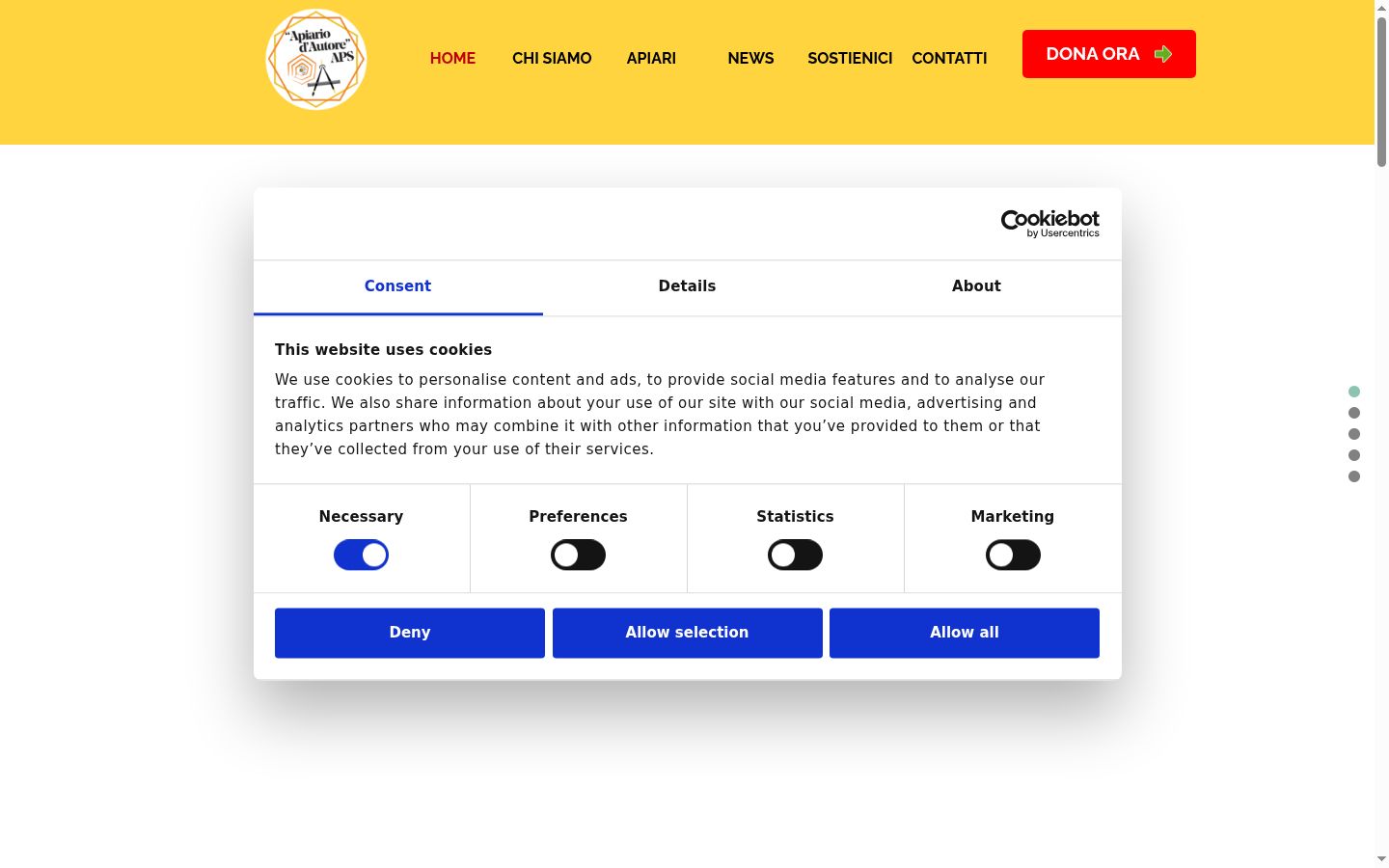 Screenshot del banner di consenso mostrato prima di qualsiasi interazione