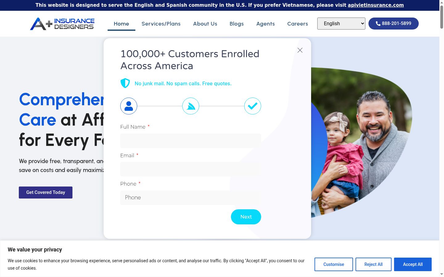 Screenshot del banner di consenso mostrato prima di qualsiasi interazione