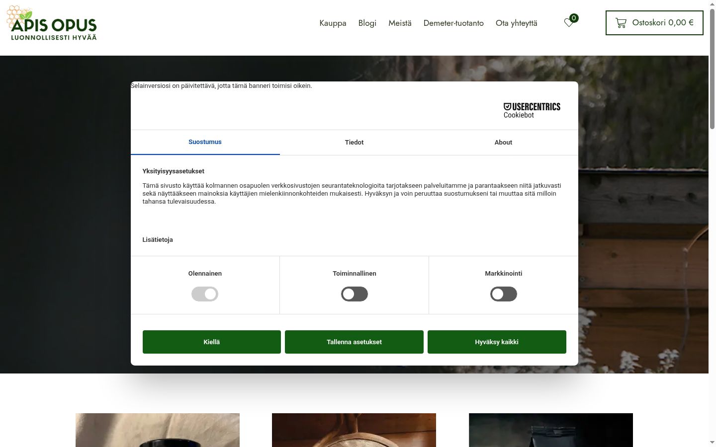 Captura de ecrã do banner de consentimento apresentado antes de qualquer interação