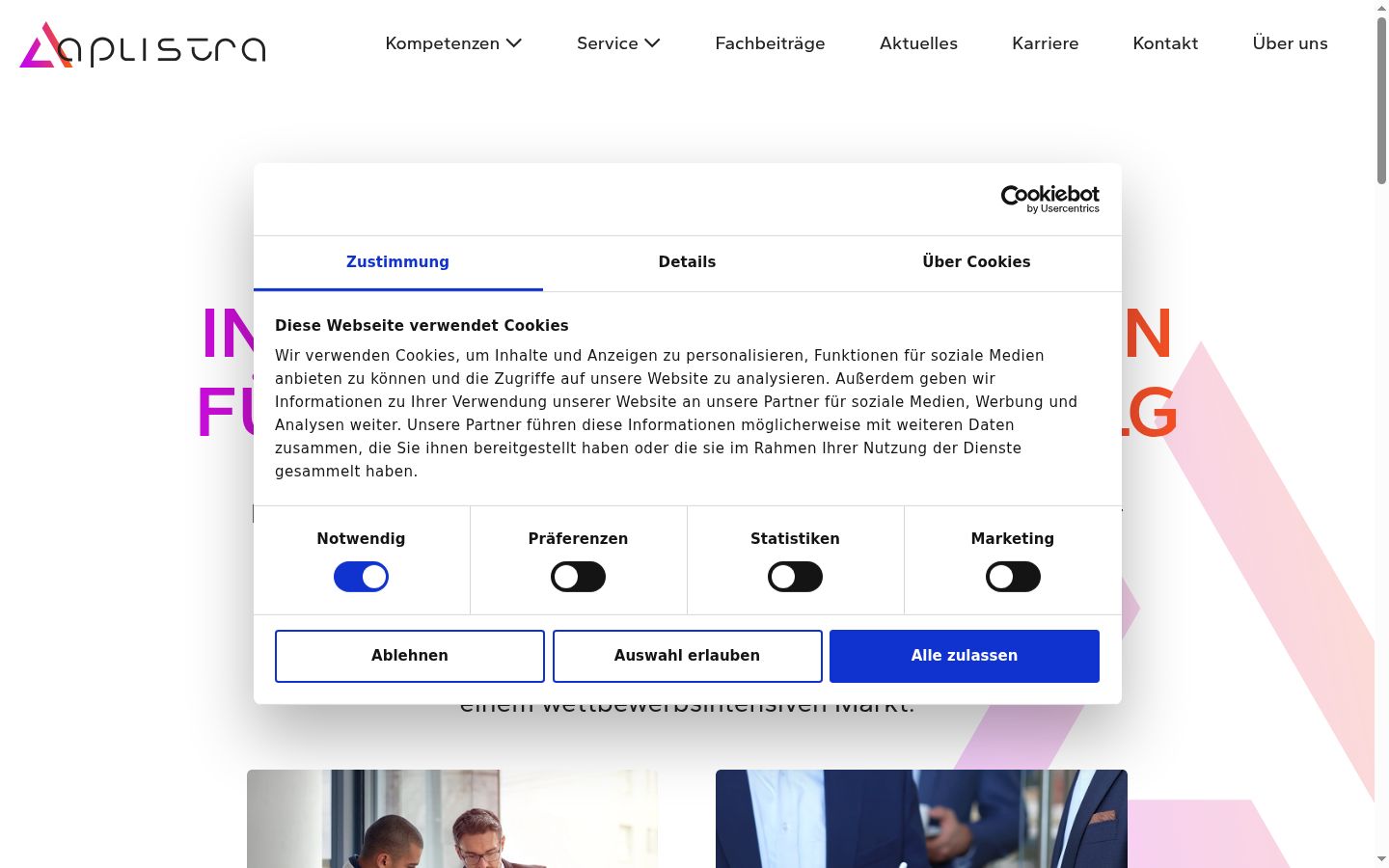 Screenshot des Einwilligungsbanners vor jeglicher Interaktion