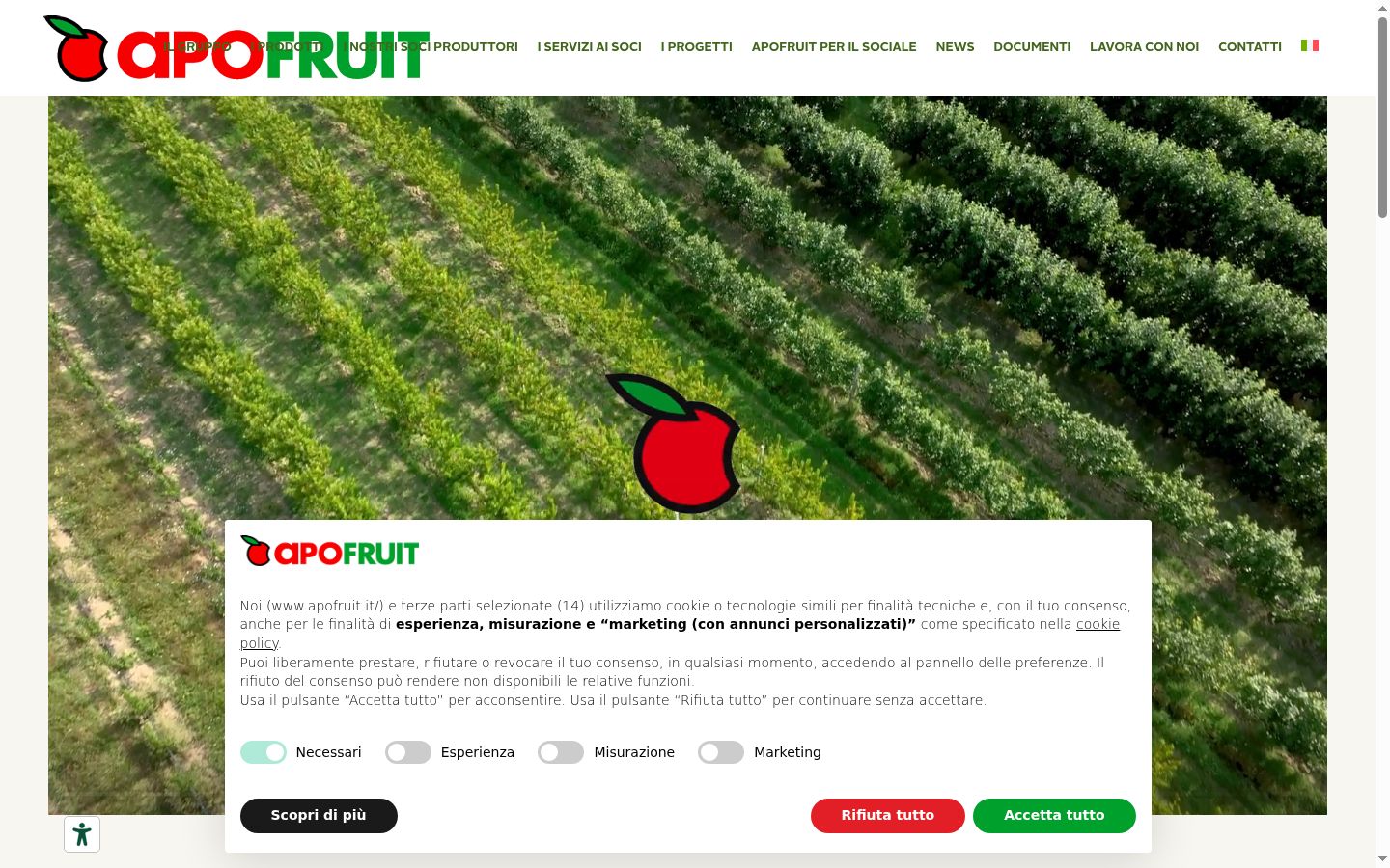 Screenshot del banner di consenso mostrato prima di qualsiasi interazione