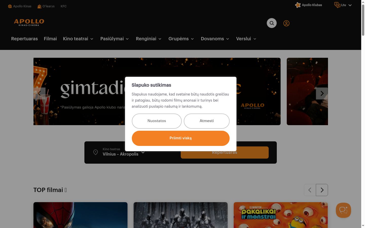 Captura de pantalla del banner de consentimiento mostrado antes de cualquier interacción