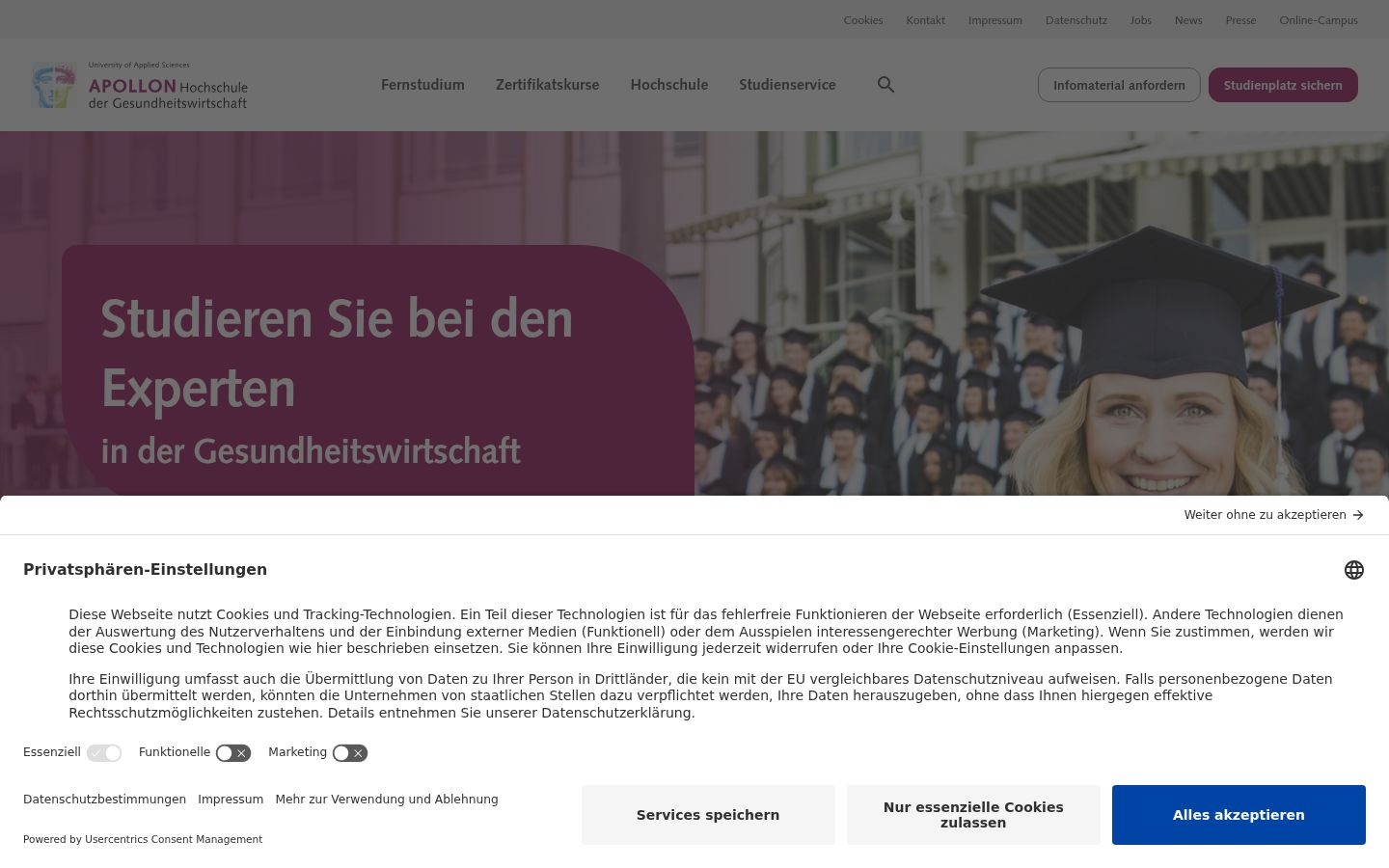 Screenshot des Einwilligungsbanners vor jeglicher Interaktion