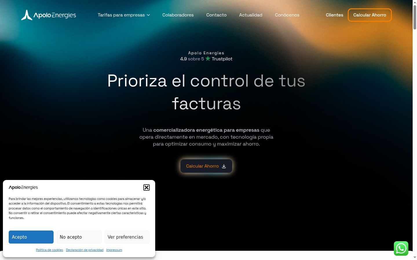 Captura de pantalla del banner de consentimiento mostrado antes de cualquier interacción