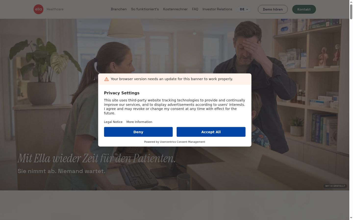 Capture d'écran de la bannière de consentement affichée avant toute interaction