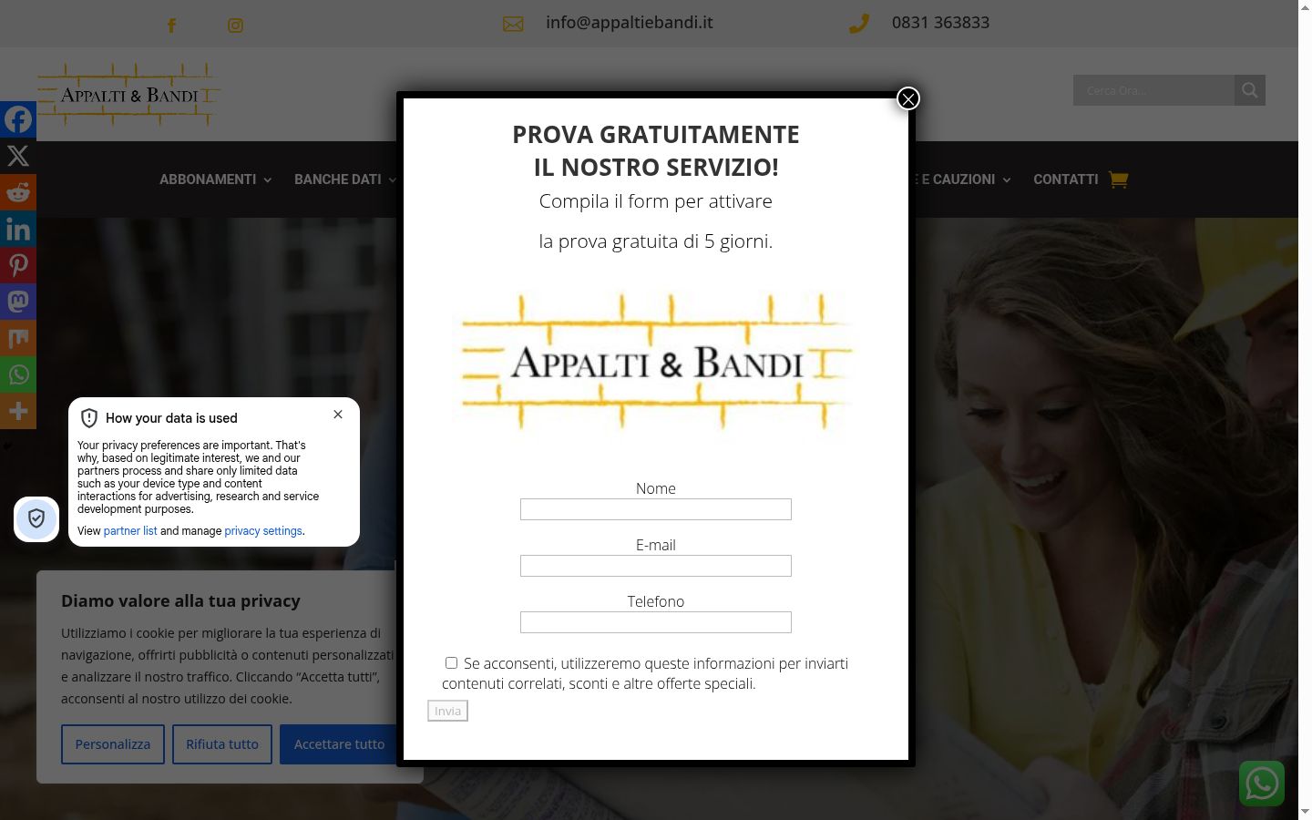 Screenshot del banner di consenso mostrato prima di qualsiasi interazione