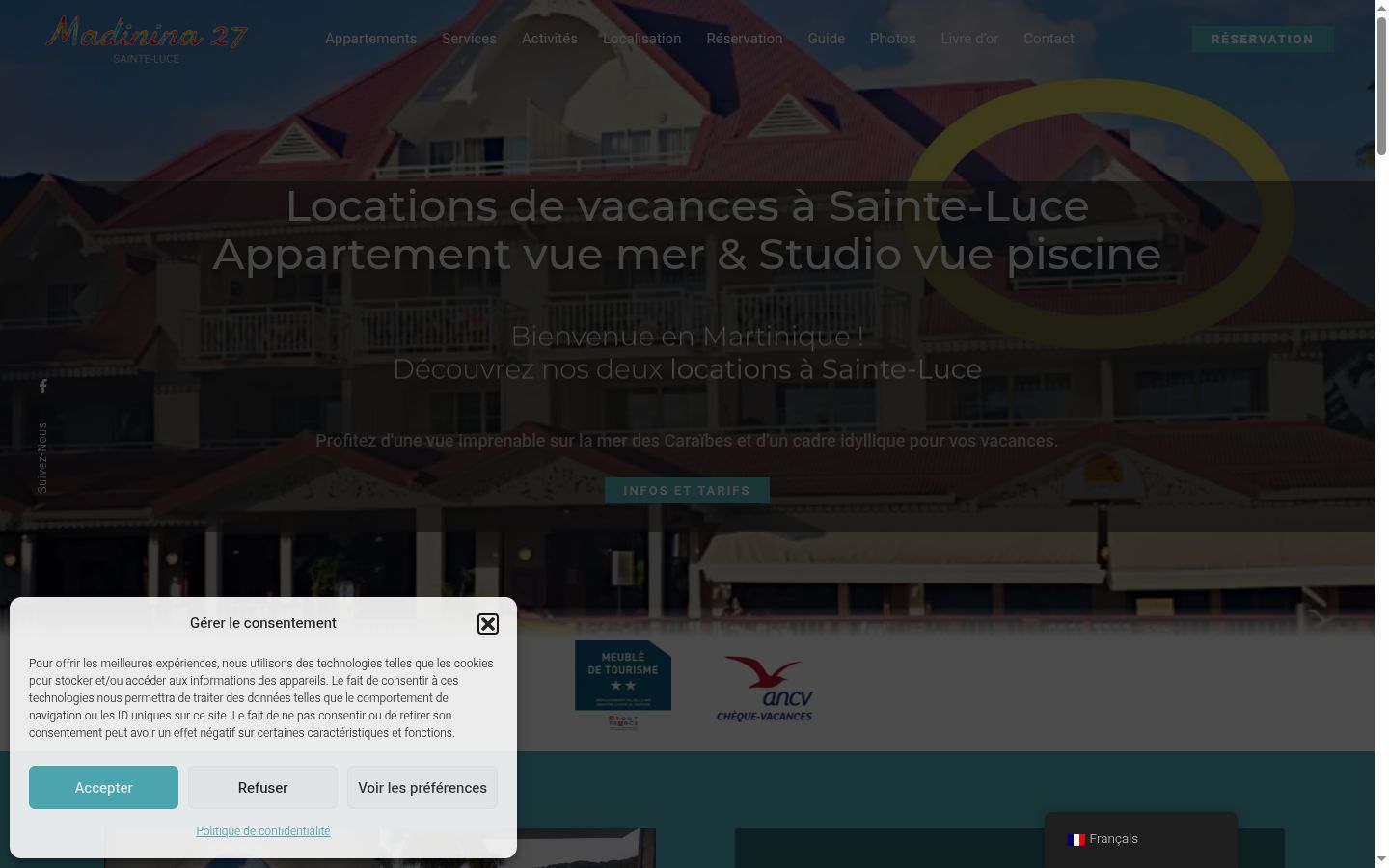 Capture d'écran de la bannière de consentement affichée avant toute interaction