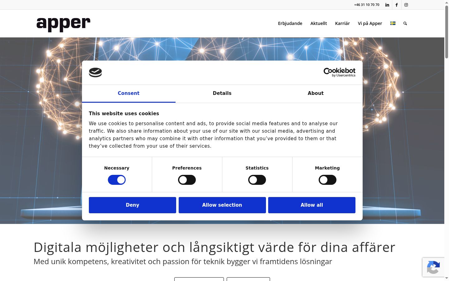 Skærmbillede af samtykkebanneret, som det blev vist før nogen interaktion
