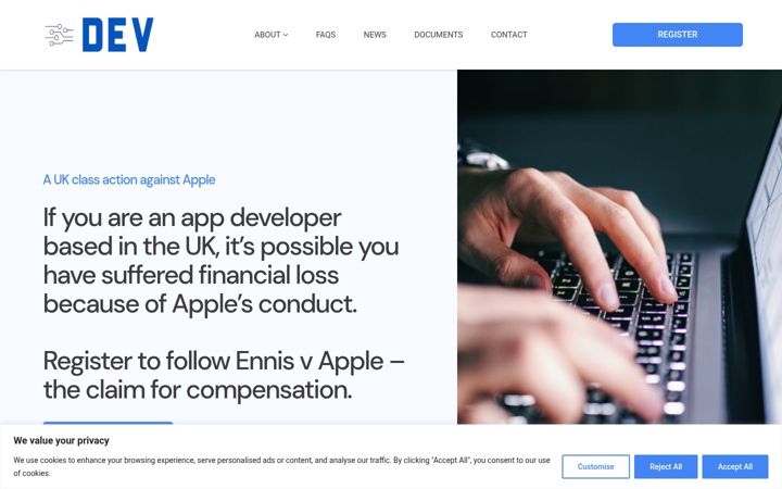 Screenshot of appleappdeveloperclaim.co.uk