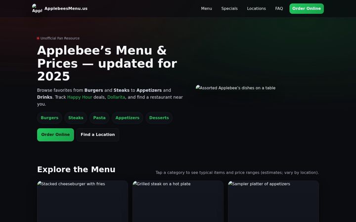 Screenshot of applebeesmenu.us