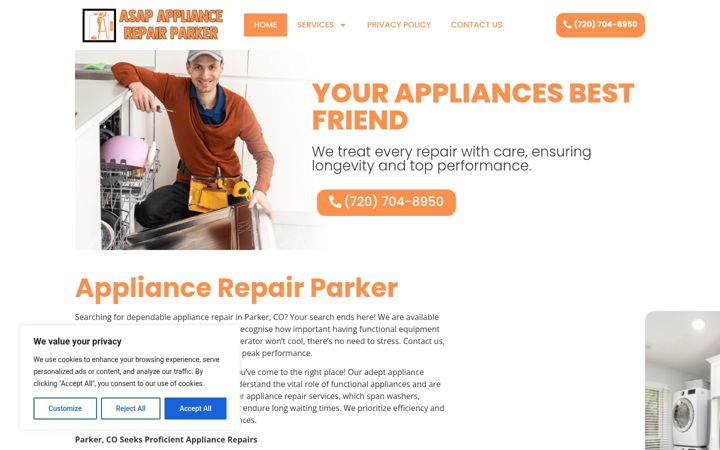 Screenshot of appliancerepairparker.com