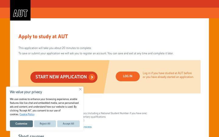 Screenshot of apply.aut.ac.nz