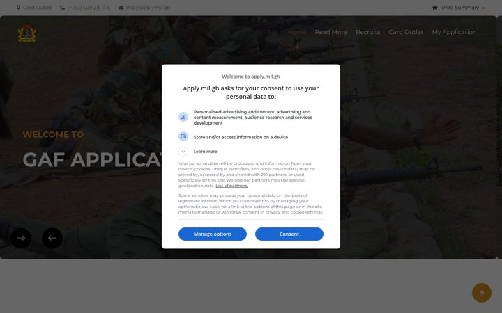 Screenshot of apply.mil.gh