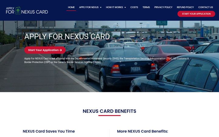 Ekrānuzņēmums no applyfornexuscard.com