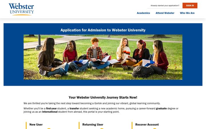 Screenshot ta' applywu.webster.edu