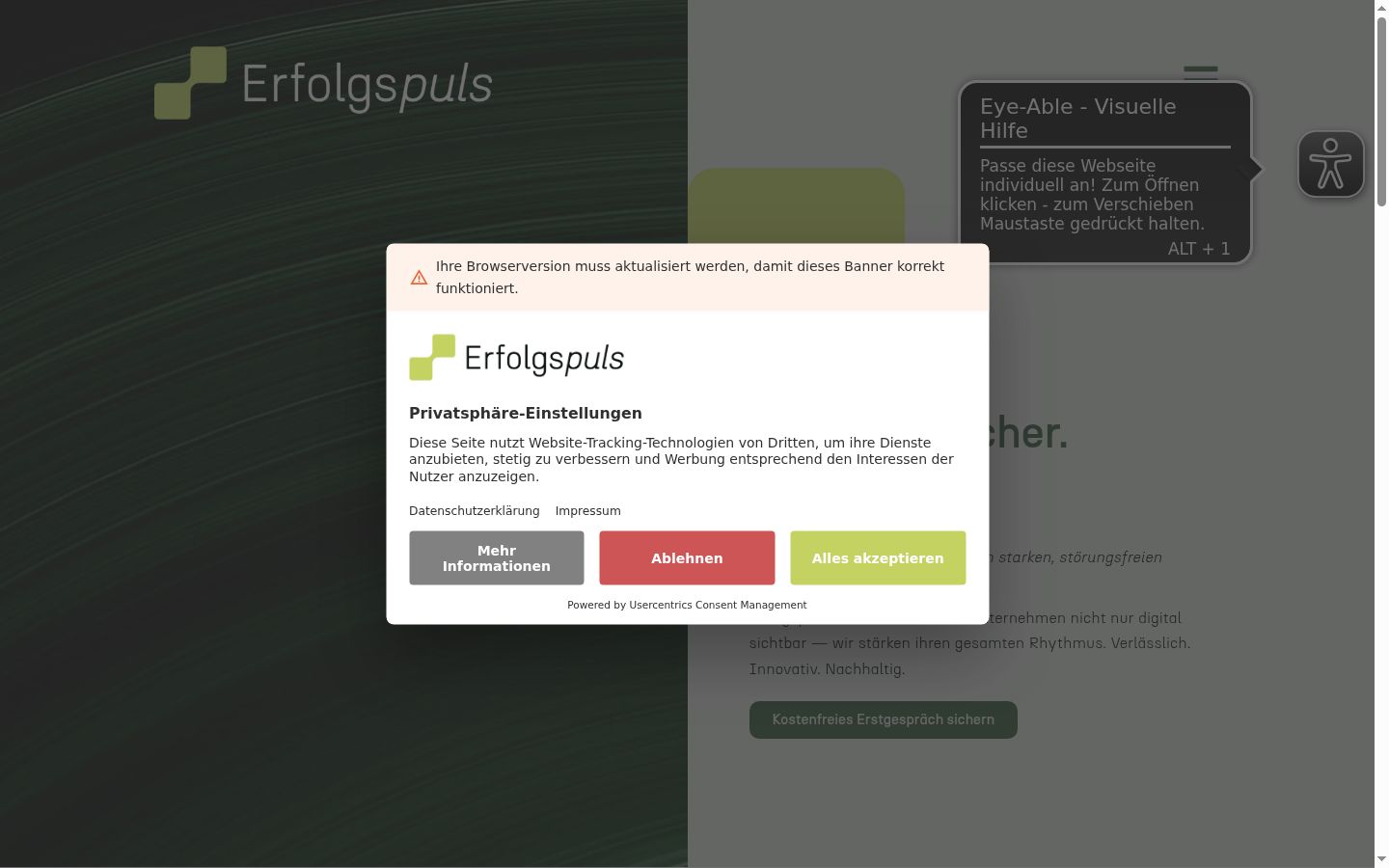 Screenshot des Einwilligungsbanners vor jeglicher Interaktion