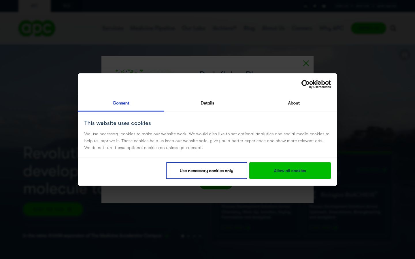Screenshot del banner di consenso mostrato prima di qualsiasi interazione