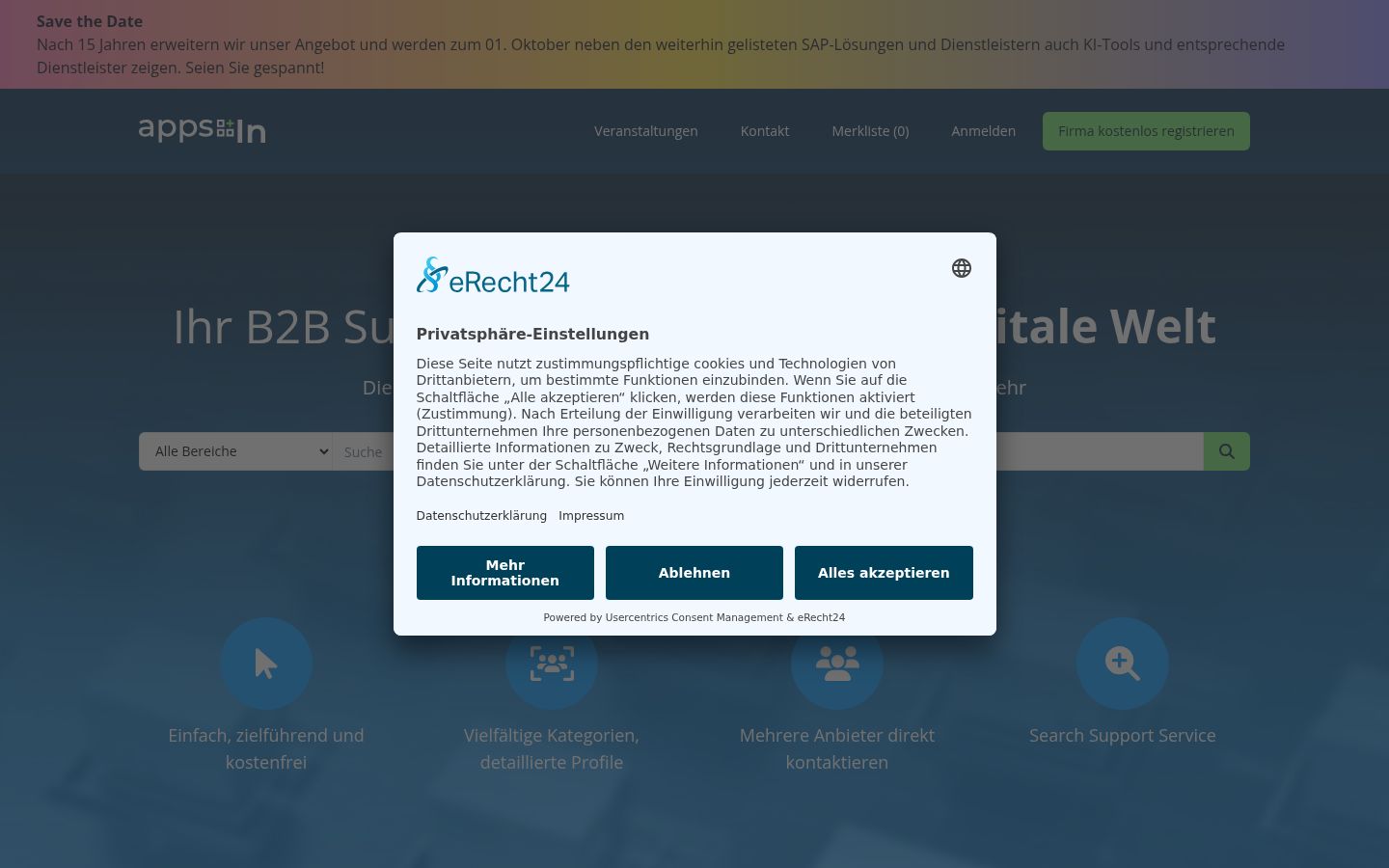 Screenshot des Einwilligungsbanners vor jeglicher Interaktion