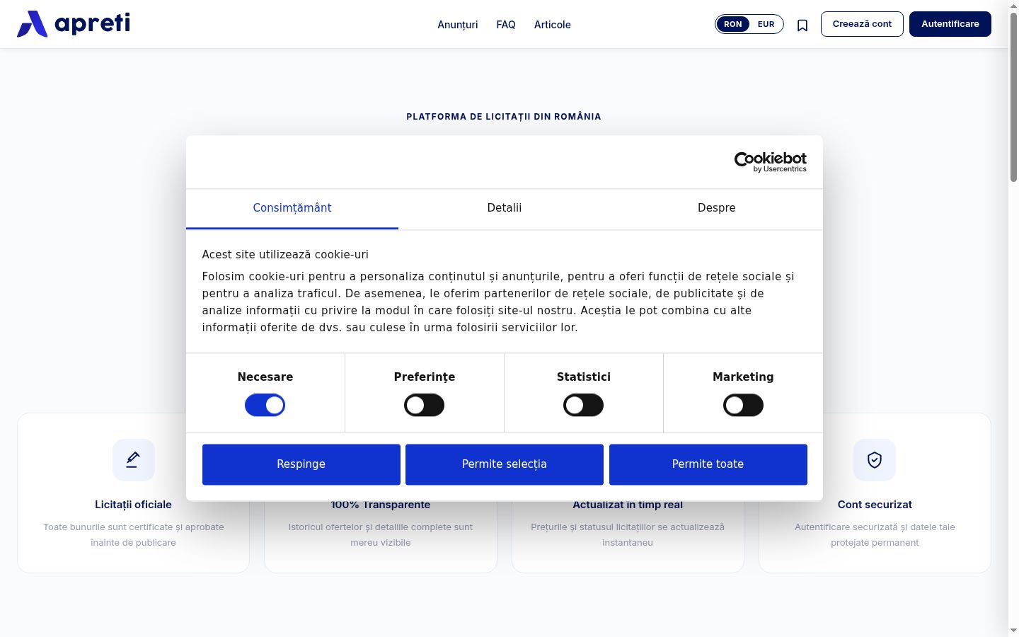 Screenshot del banner di consenso mostrato prima di qualsiasi interazione