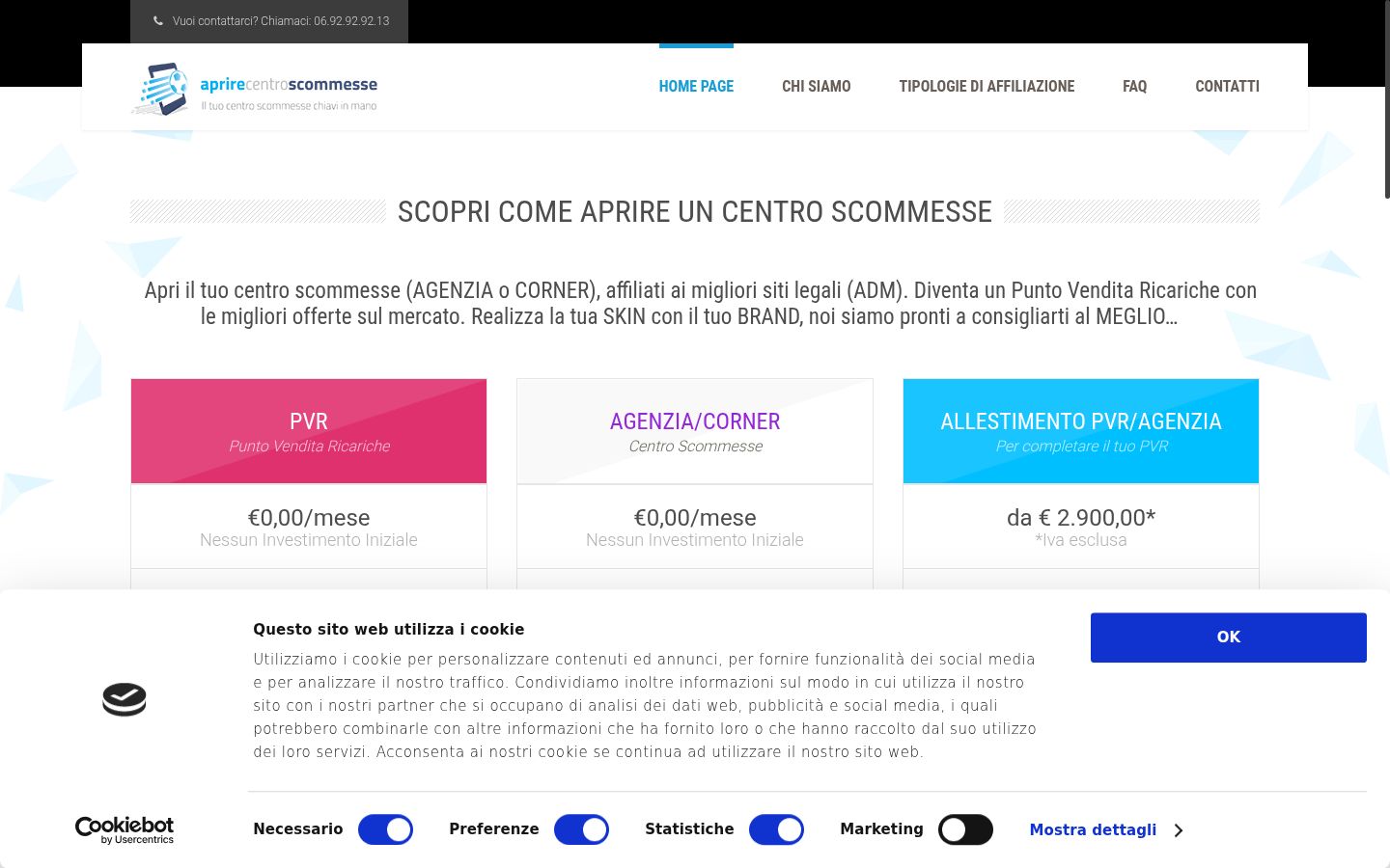 Screenshot del banner di consenso mostrato prima di qualsiasi interazione