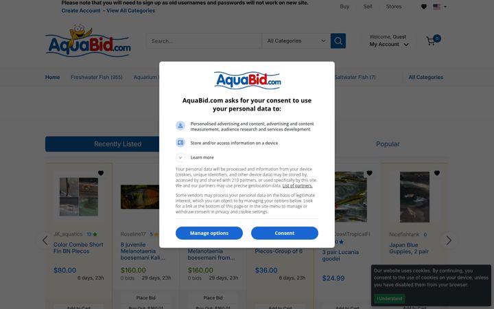 Captură de ecran a aquabid.com