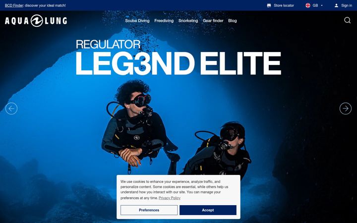 Kuvakaappaus sivustosta aqualung.com
