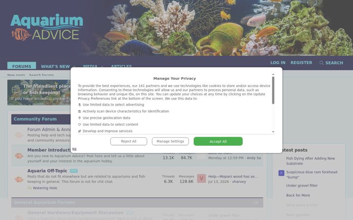 Kuvakaappaus sivustosta aquariumadvice.com