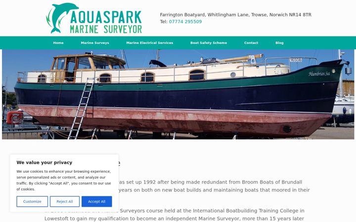 Screenshot ta' aquasparkmarinesurveyor.co.uk